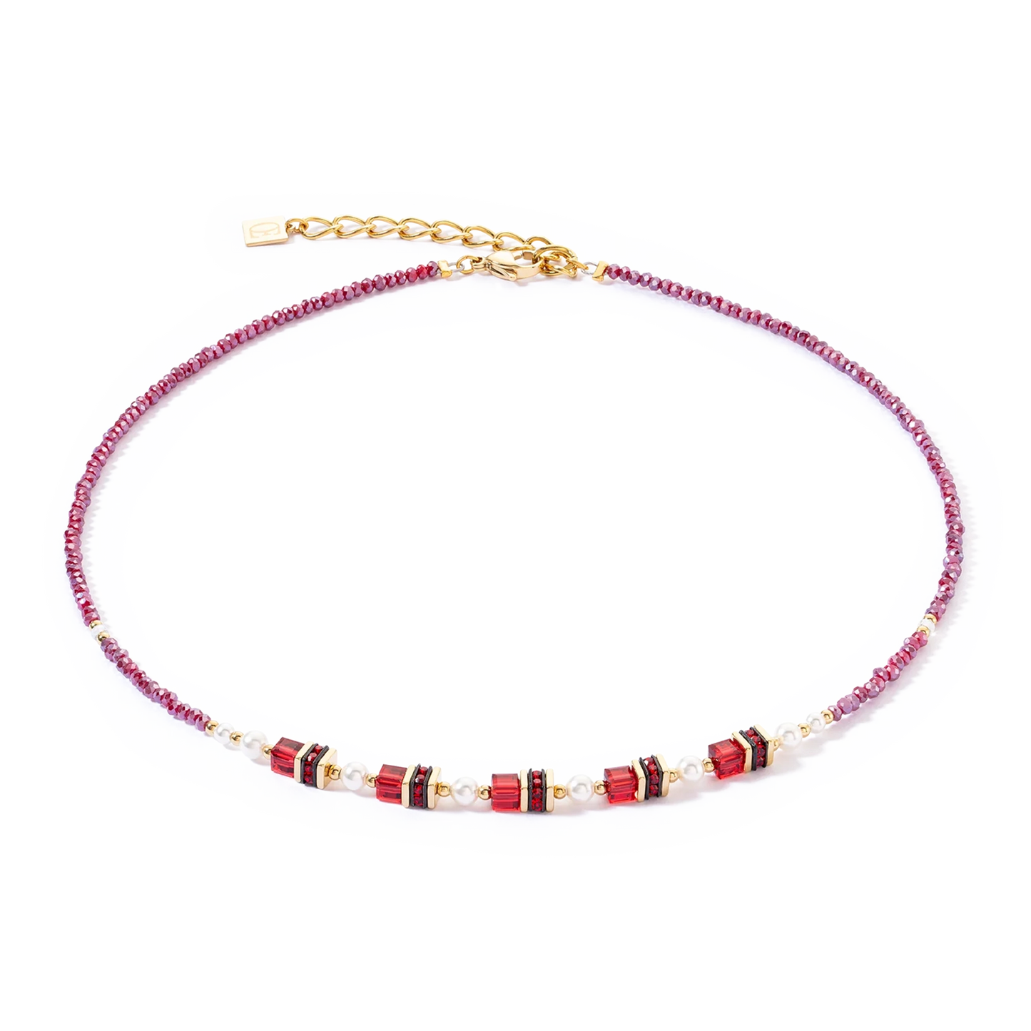 A red cut glass beaded necklace with pearls