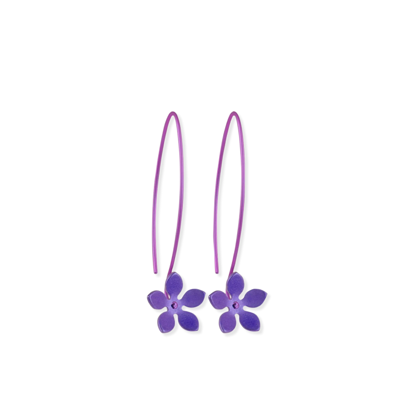 A pair of extra long hook drop earrings with 5 petal flowers on the ends in bright purple titanium