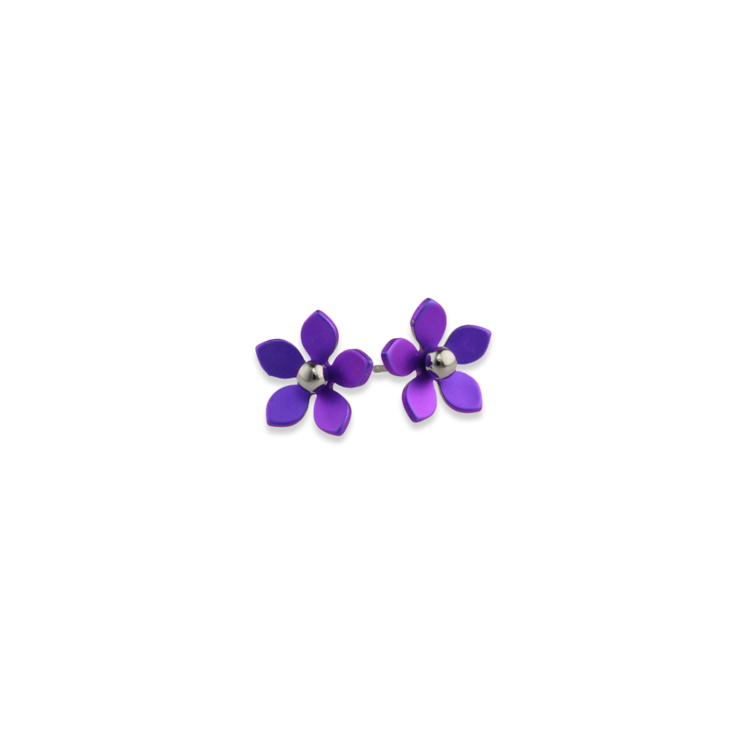 A pair of stud earrings featuring purple 5 petal flowers with polished titanium bead centres