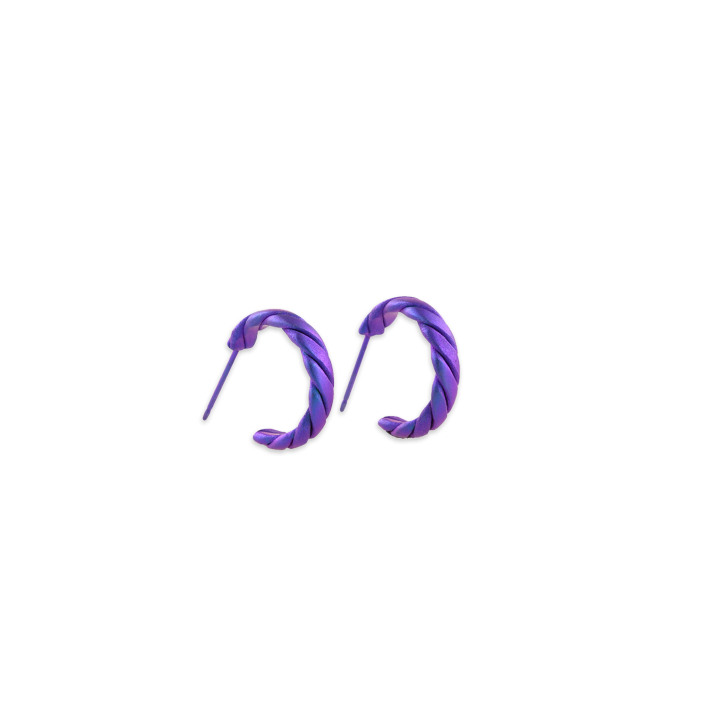 A pair of simple twist design titanium hoop earrings in a purple colour