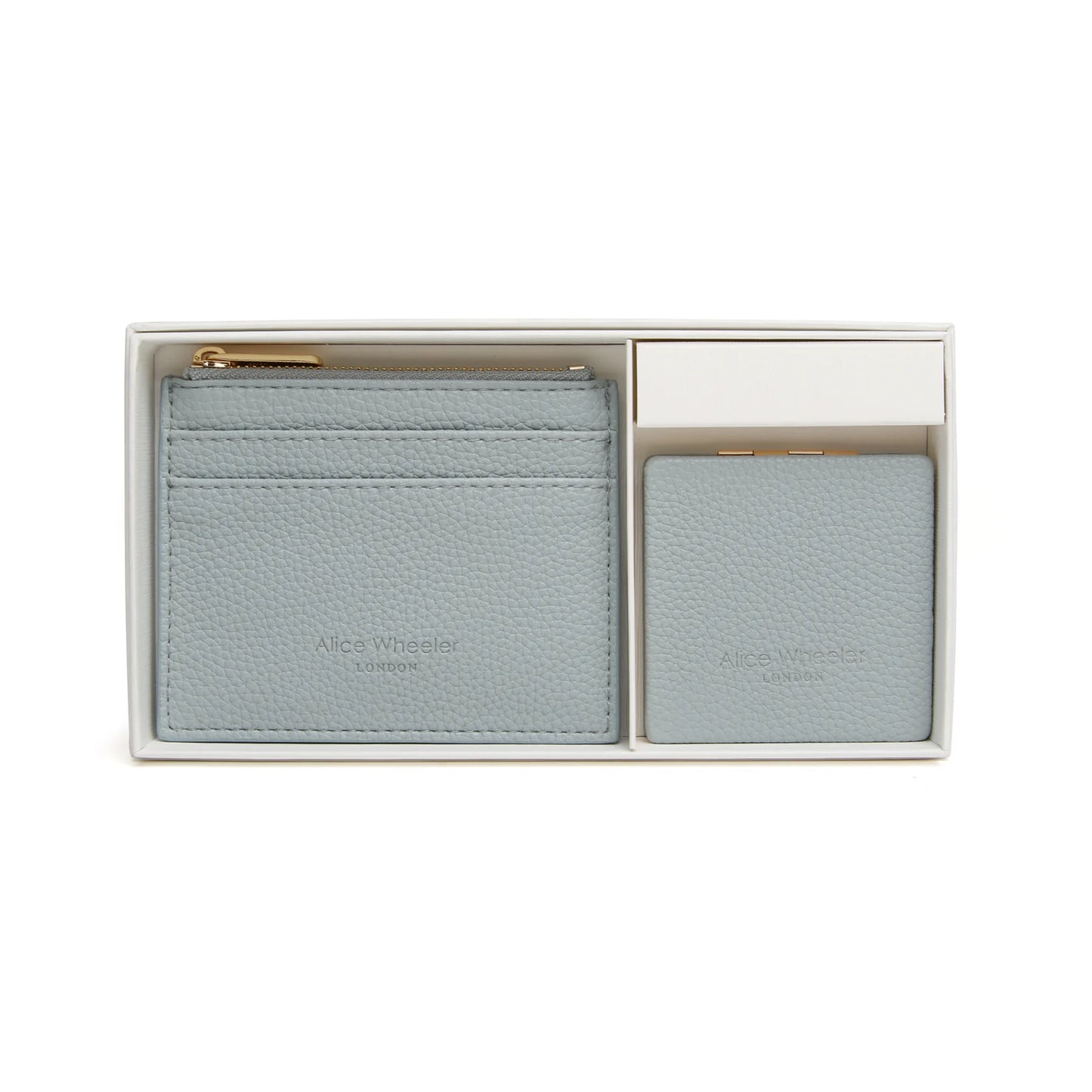 White boxed gift set with duck egg faux leather compact purse and mirror