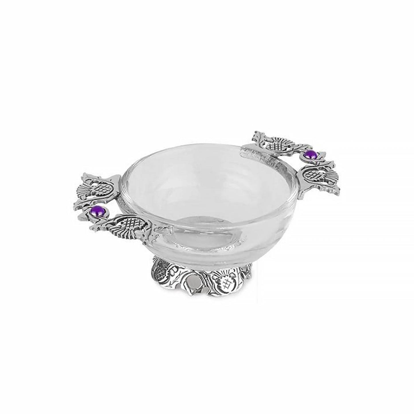 A glass quaich with pewter handles and foot with thistle designs and purple stones