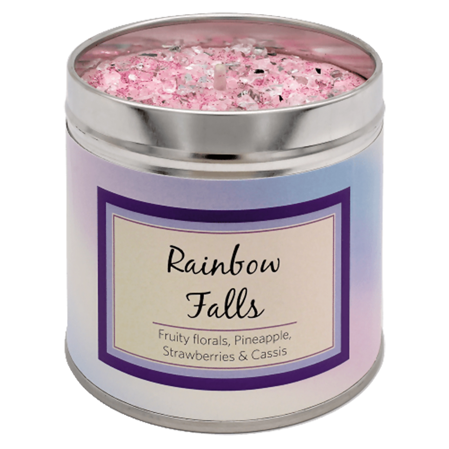 Rainbow Falls scented candle tin with glittery pink decorated top