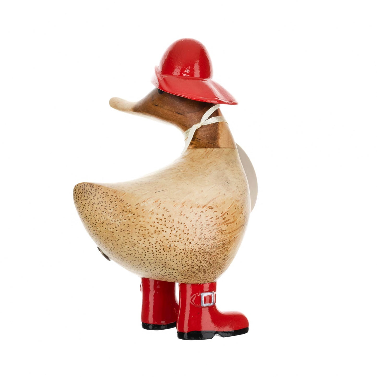 Wooden duck collectible figure in red rain hat and boots back