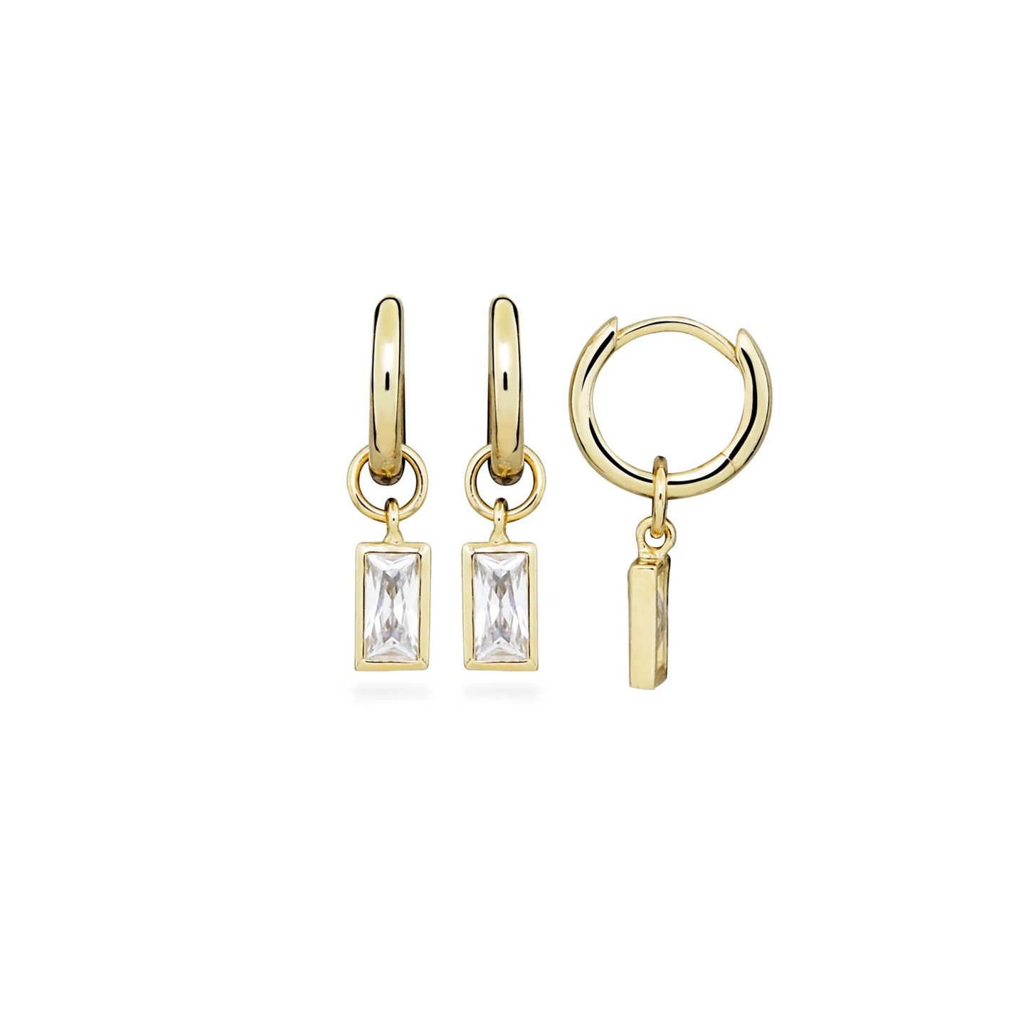 Gold huggie hoop earrings with dangling rectangle CZ stones