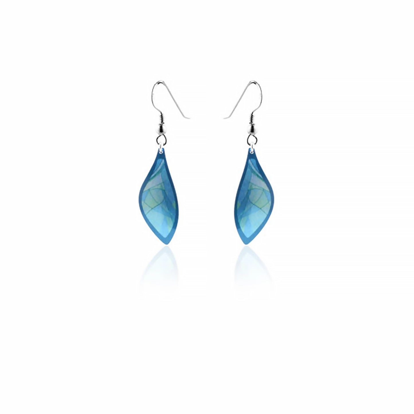 Turquoise aluminium drop earrings with a modern abstract pattern, on silver hook fittings