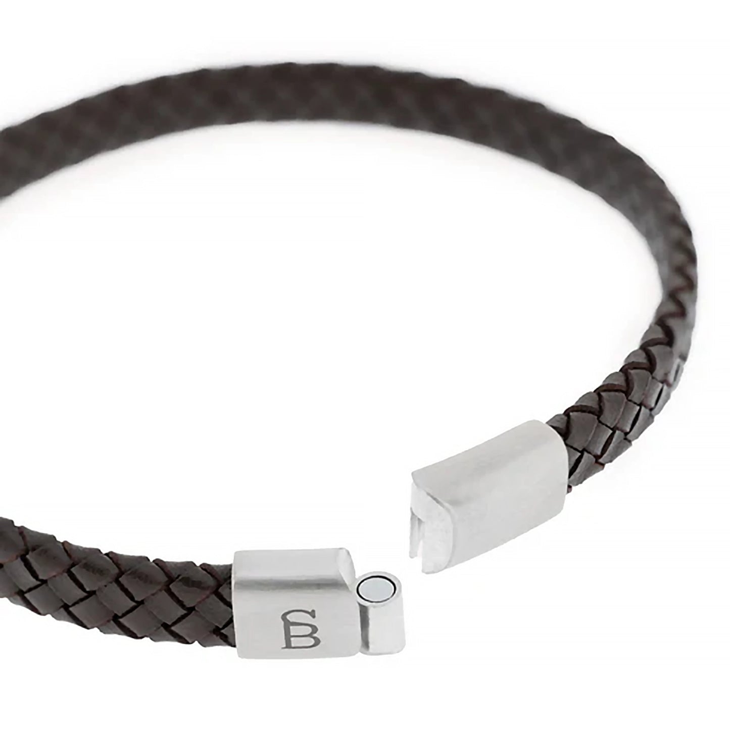 Braided band vintage brown leather bracelet with monogramed stainless steel clasp