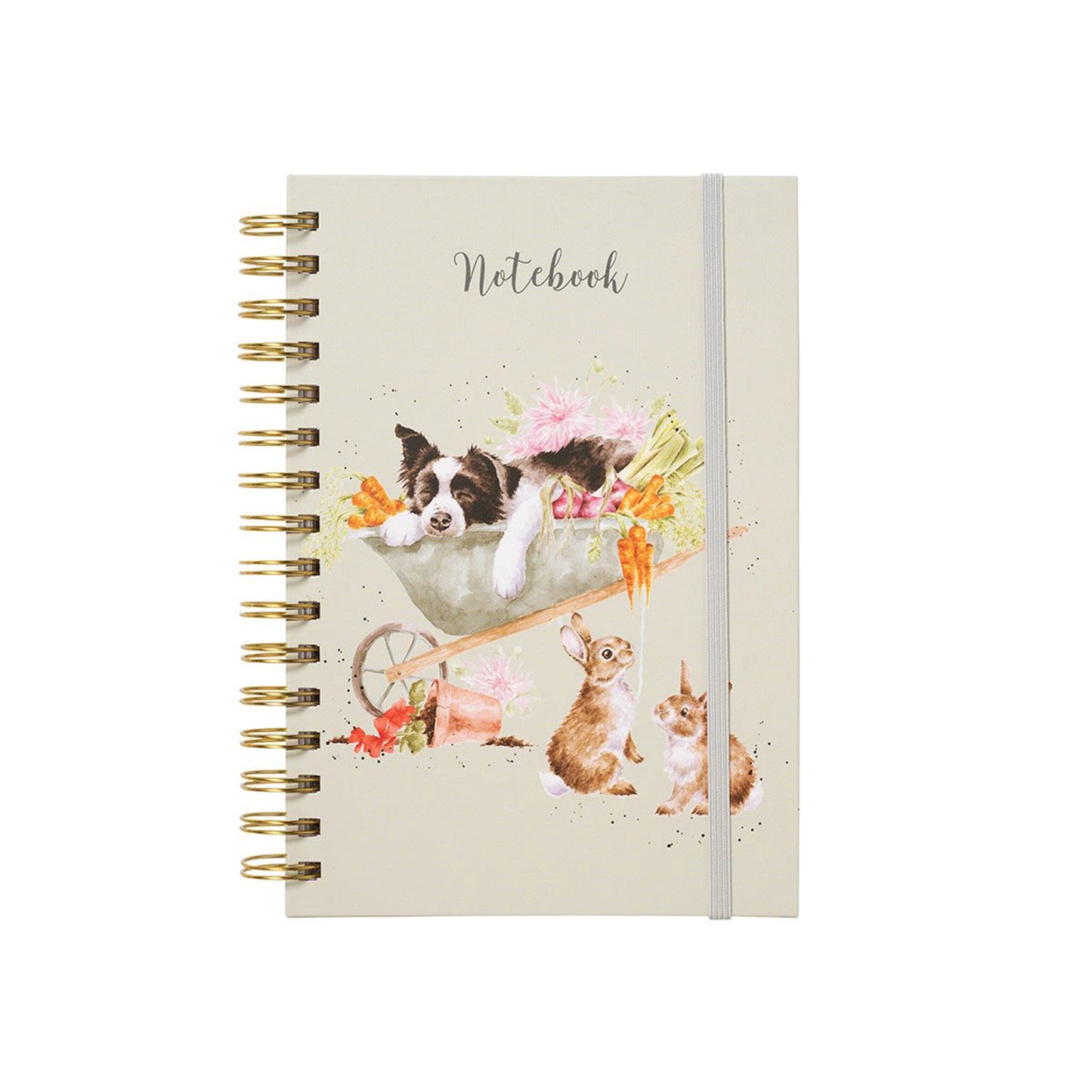 Green ring-bound notebook with dog in a wheelbarrow design