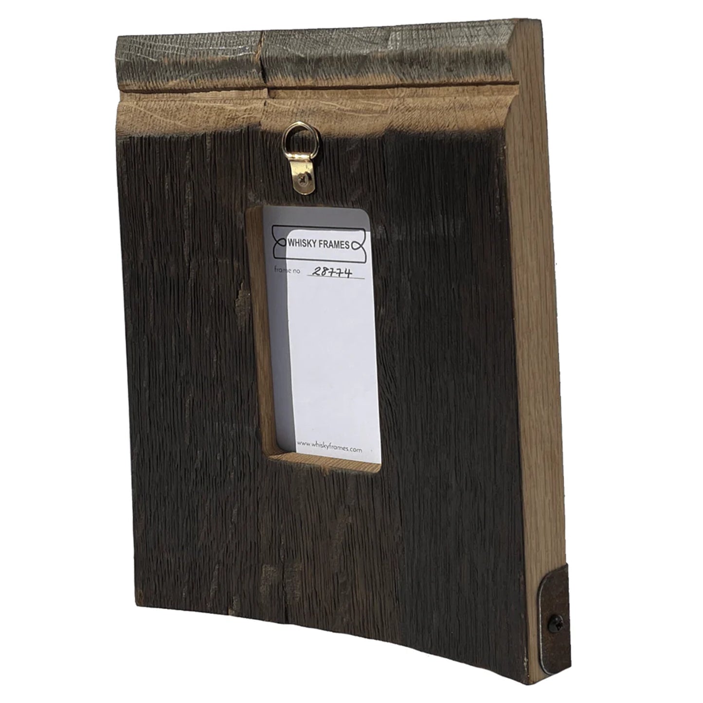 A frame made with whisky barrel hoop, wood and Harris Tweed back view