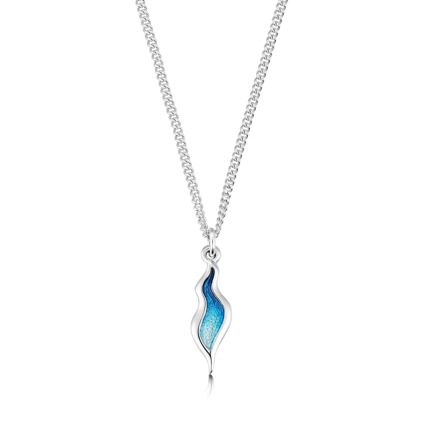 Polished silver pendant with water ripple shape and blue enamel on a silver chain