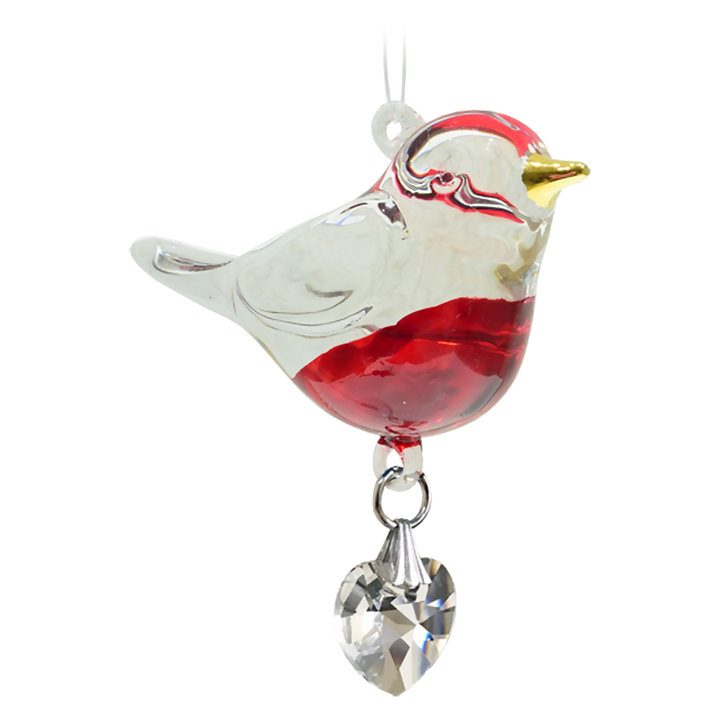 A crystal glass robin bird with crystal drop heart