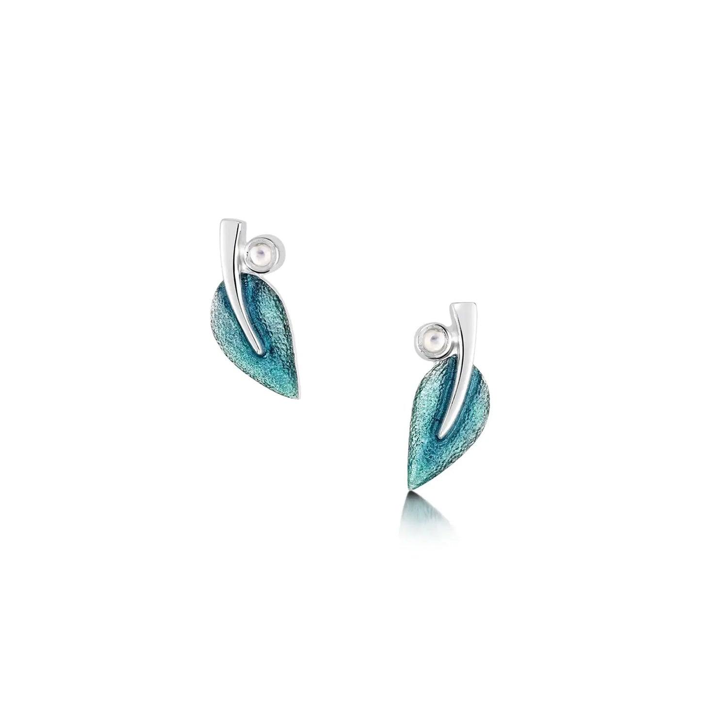 Silver stud earrings in the shape of rowan tree leaves, in sage green enamel and with a moonstone