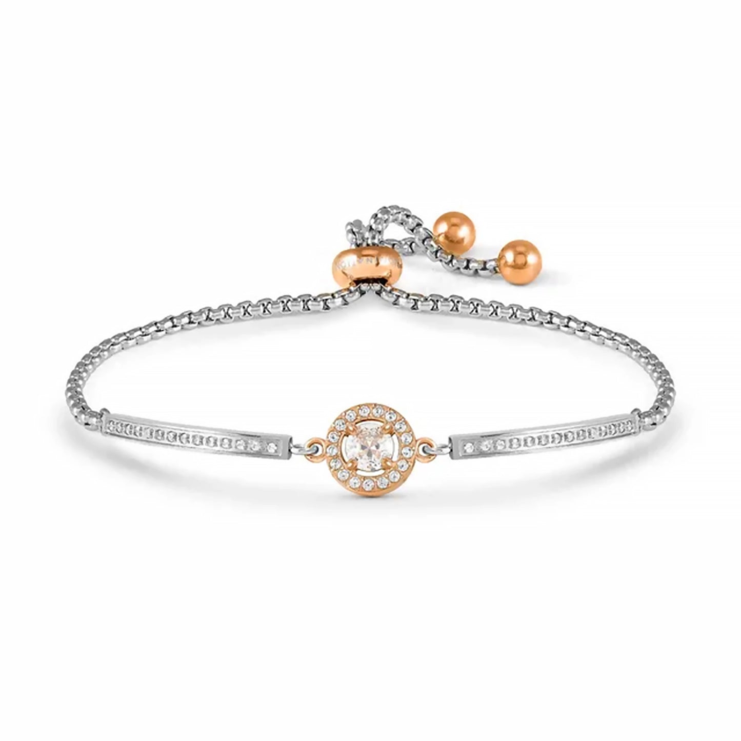 Rose gold bracelet with circle shape, CZ stones and stainless steel toggle clasp