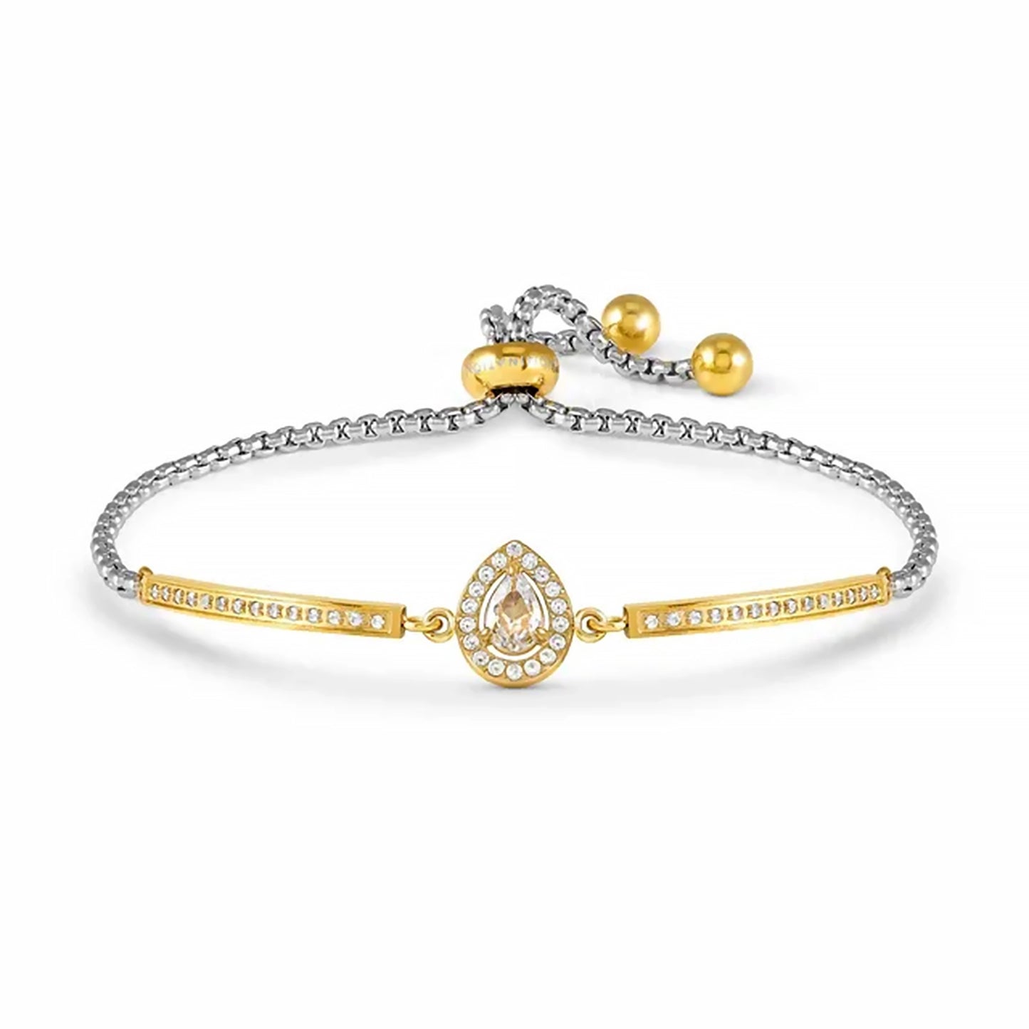 Yellow gold teardrop bracelet with CZ stones and stainless steel toggle clasp
