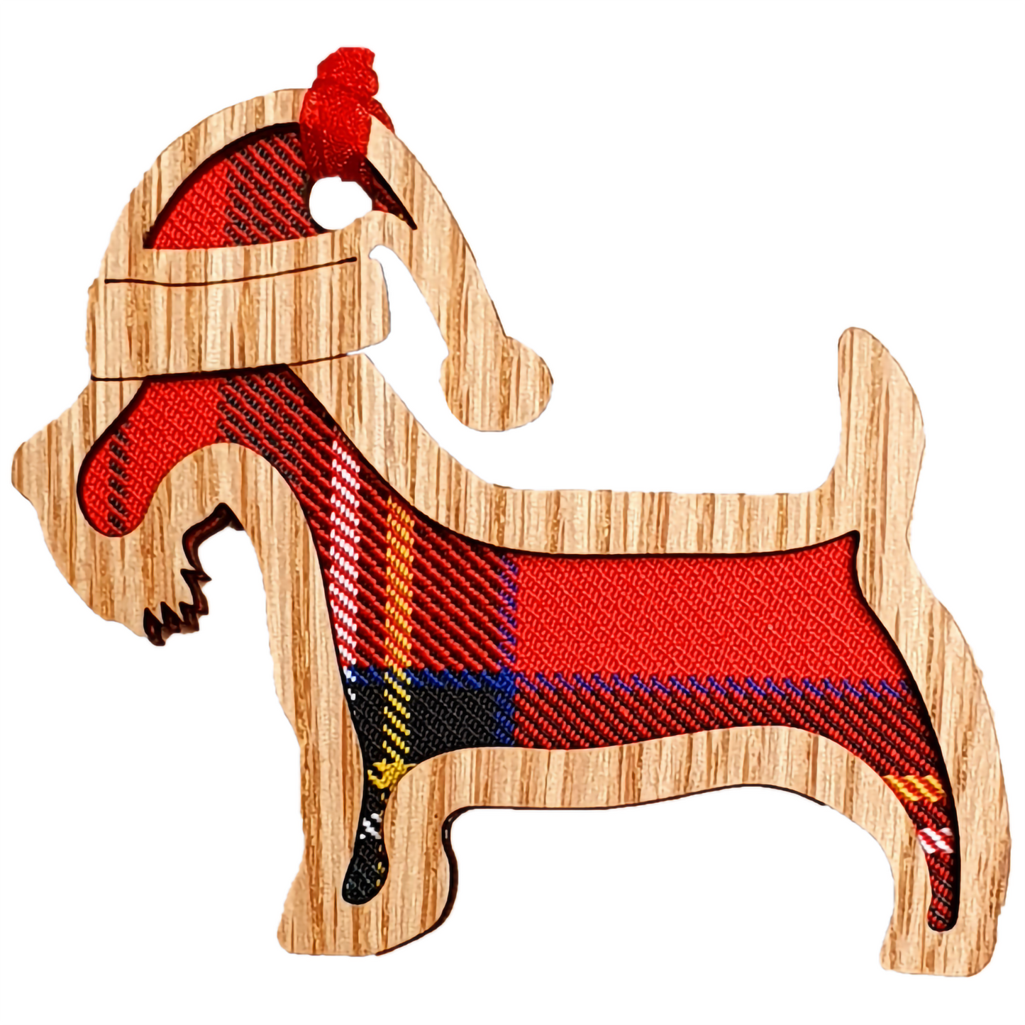 Scottie dog in a Santa hat red tartan laser cut wooden tree decoration