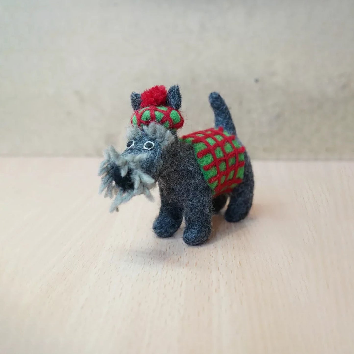 Felted wool Scottie dog in tartan jumper and beret