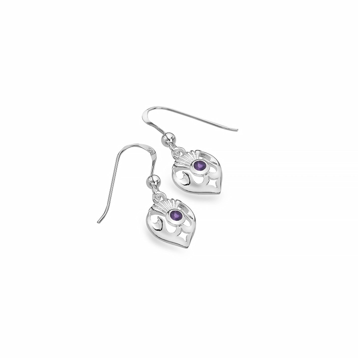 A pair of Scottish thistle drop earrings in silver with round purple amethyst stones
