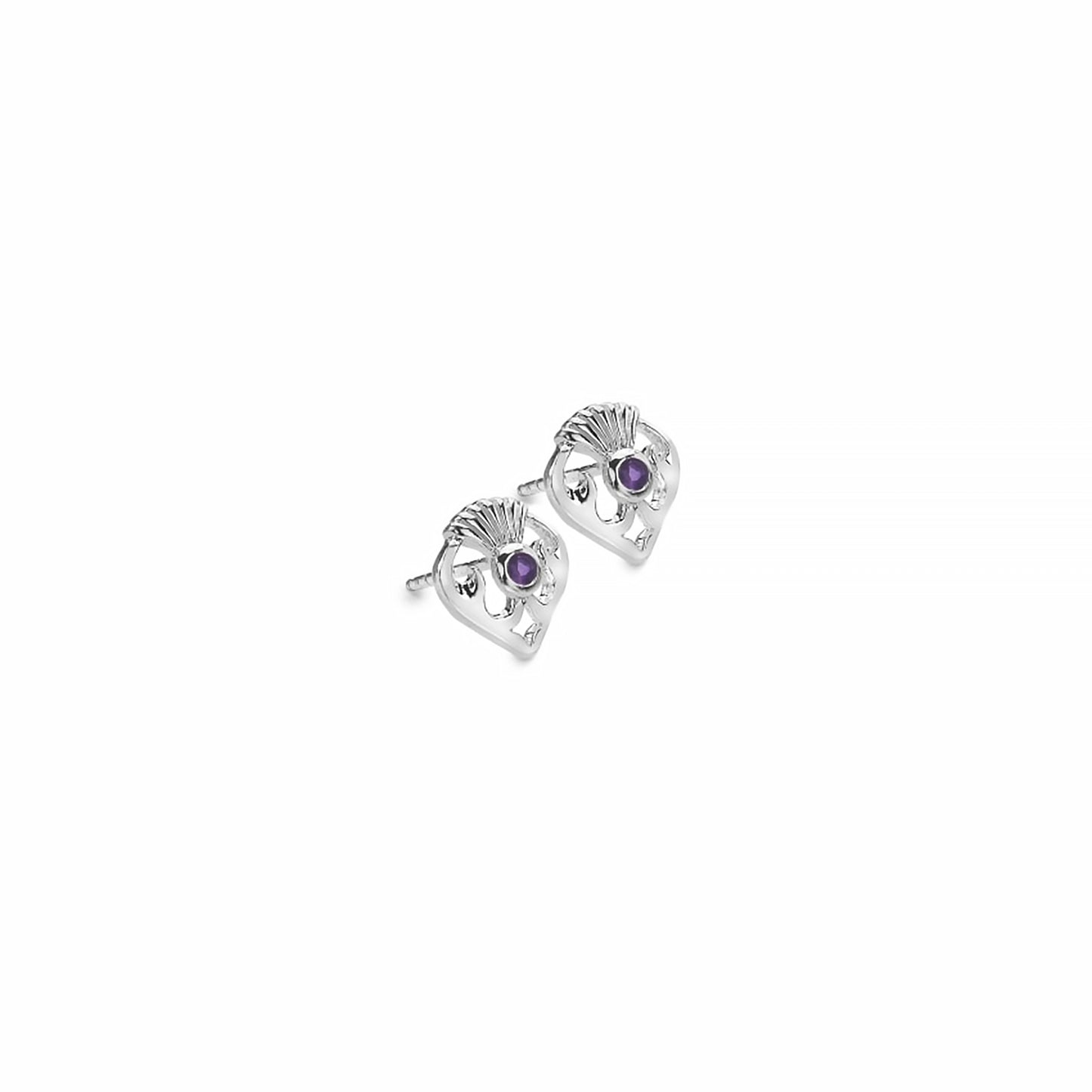 A pair of Scottish thistle stud earrings in silver with round purple amethyst stones