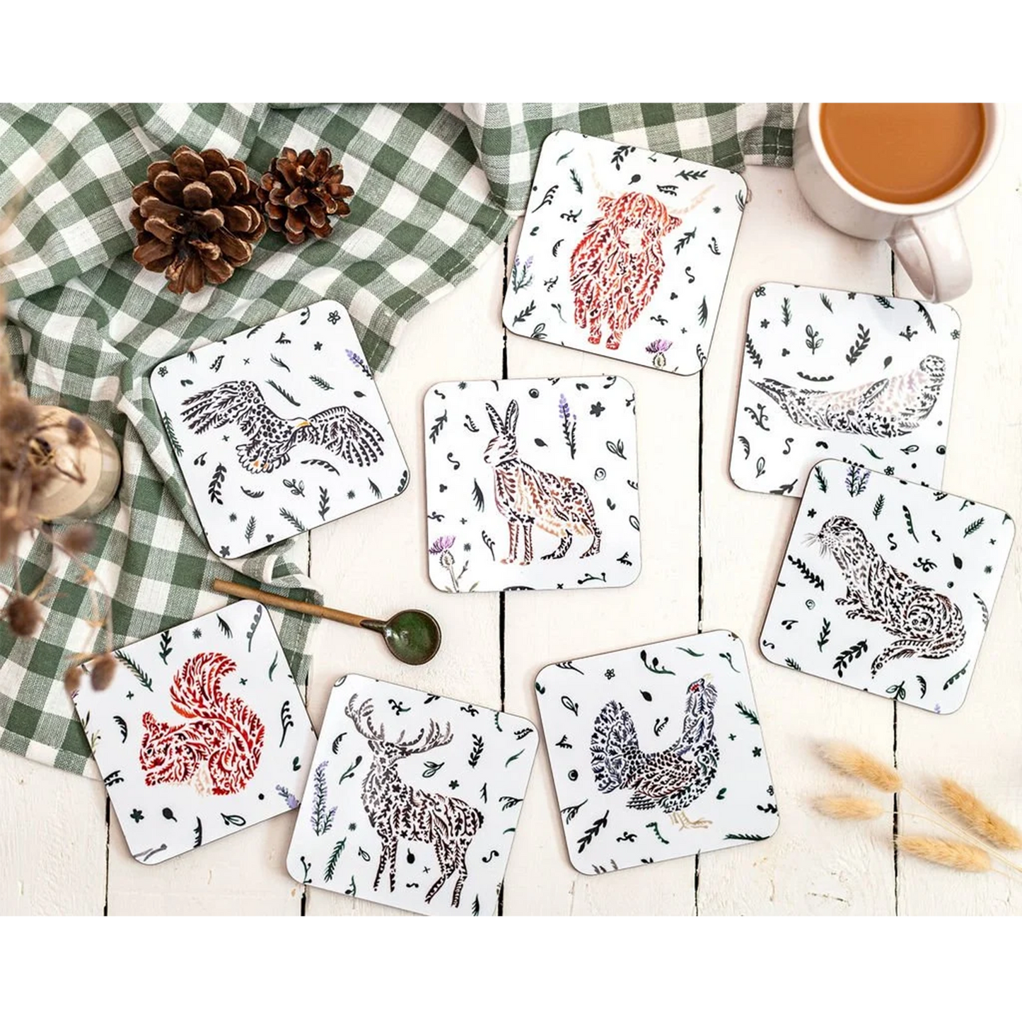 Eight Scottish wildlife design melamine square coasters