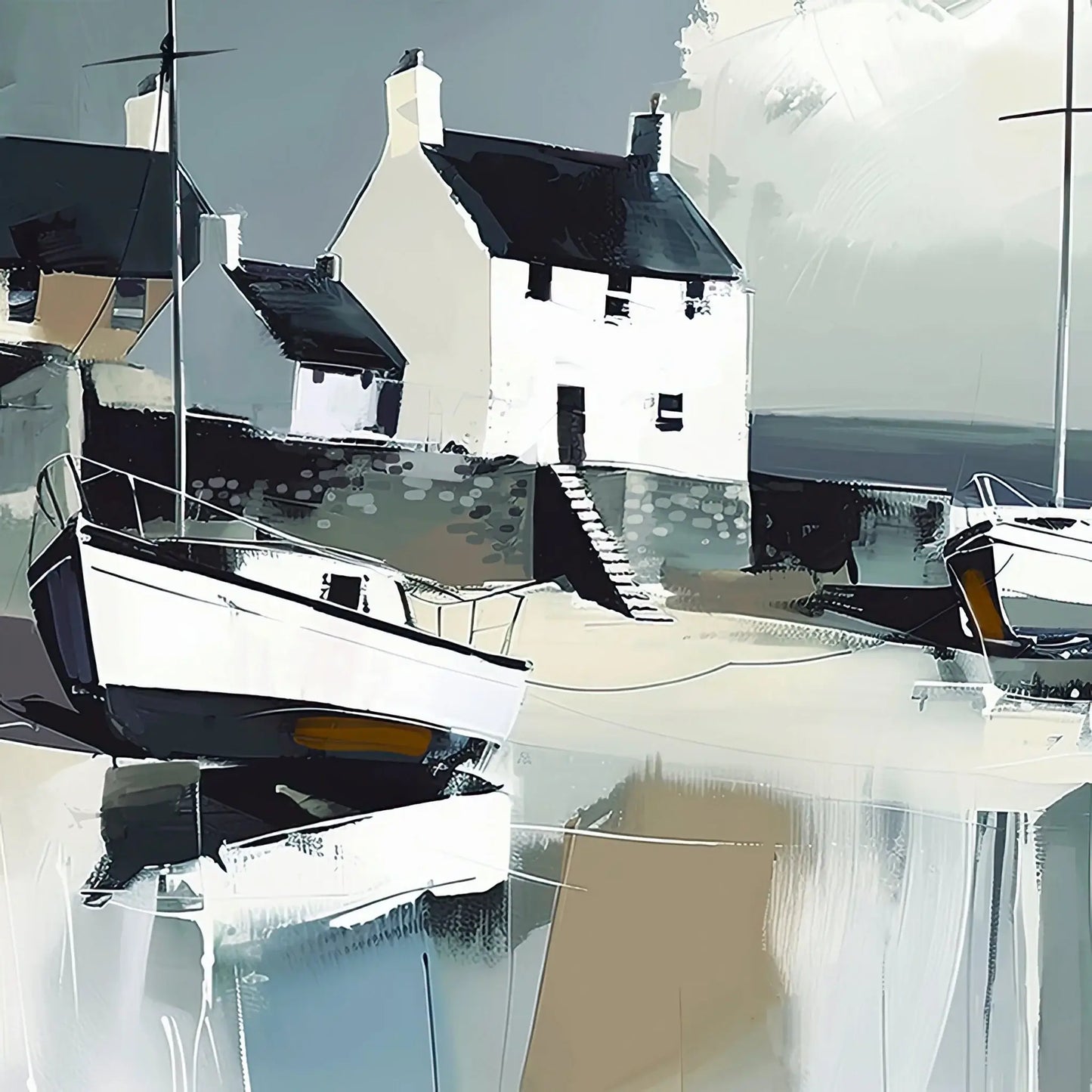 Coastal village scene with sailboats by artist Sabrina Roscino print detail