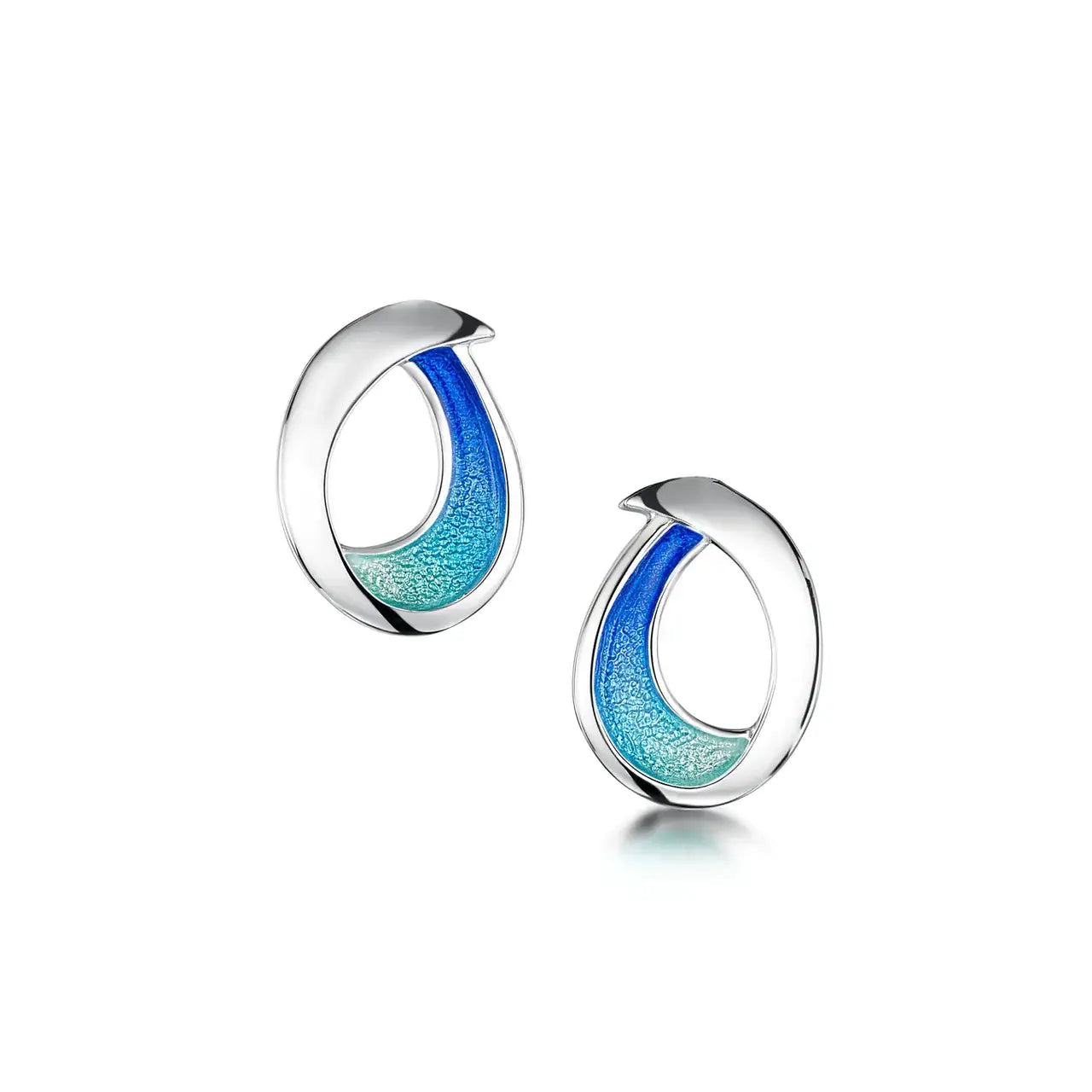 Silver large stud earrings with bright blue enamel in a simple abstract ocean wave shape