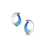 Silver large stud earrings with bright blue enamel in a simple abstract ocean wave shape