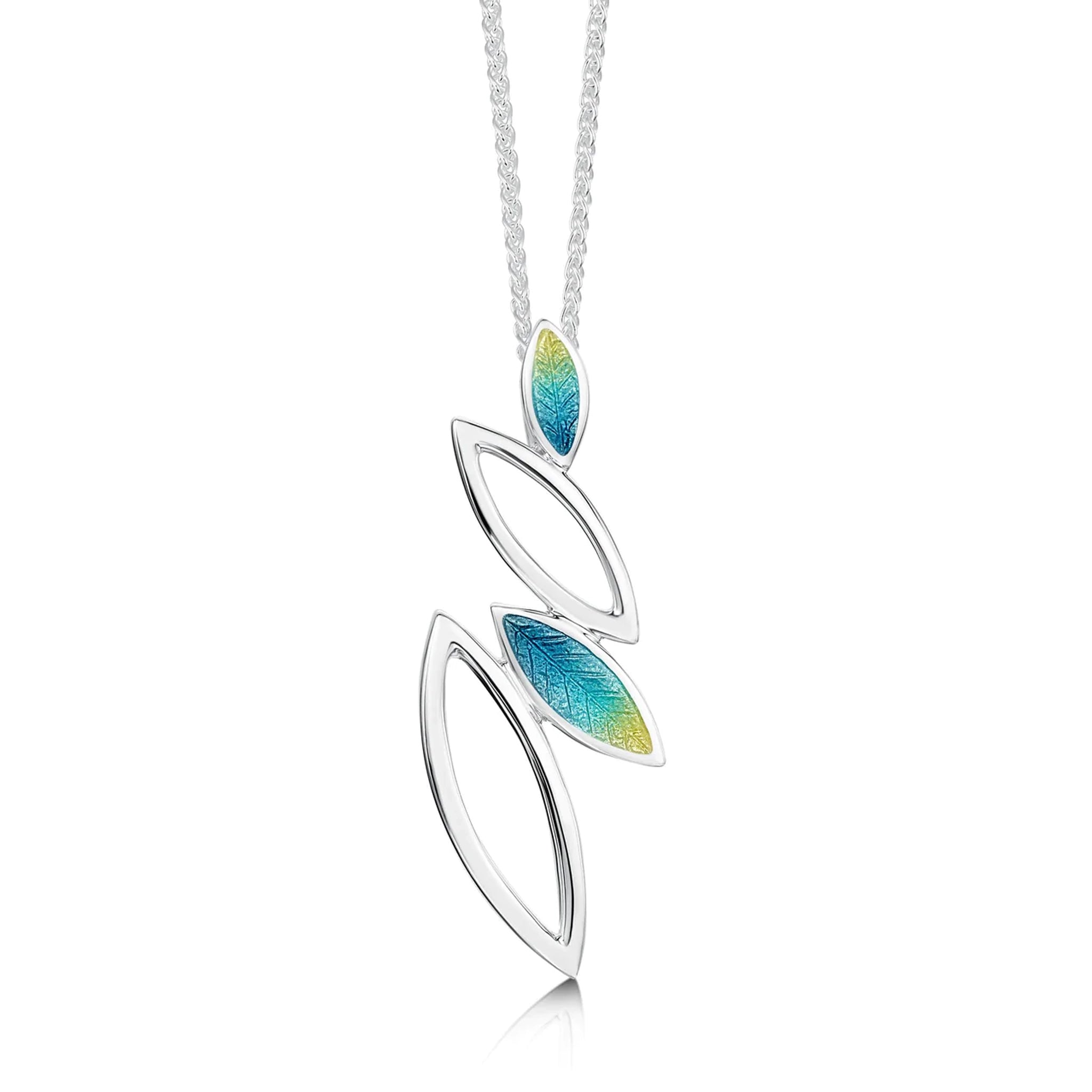 Silver pendant in varying size leaf shapes in blue/green/yellow enamel and silver on silver chain