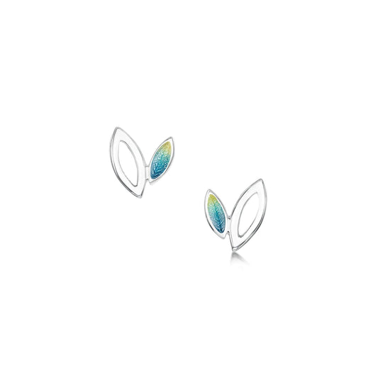 Silver studs in two size leaf shapes and green, blue and yellow enamel leaves