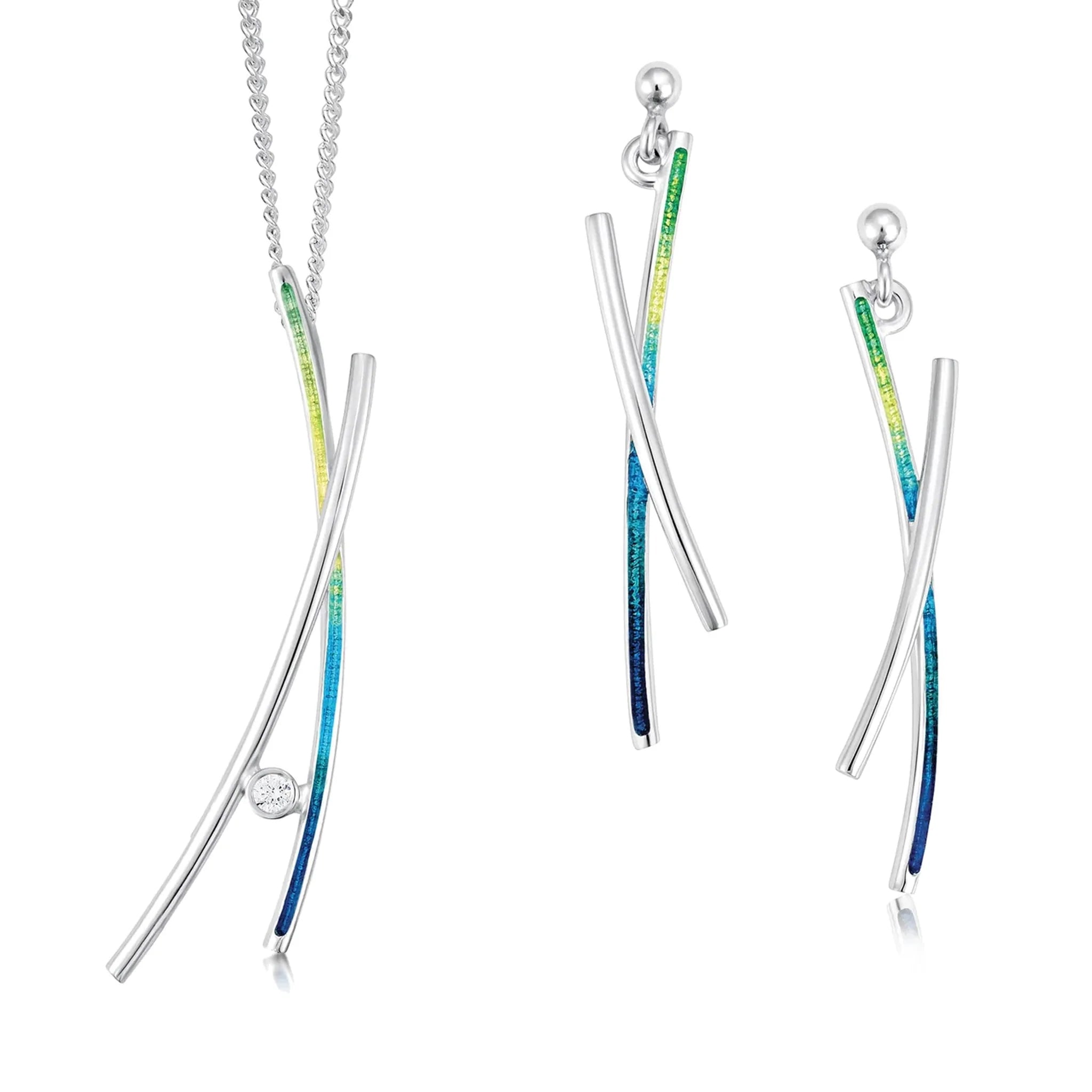 A set of wild grasses pieces by sheila fleet in green and blue enamel and silver