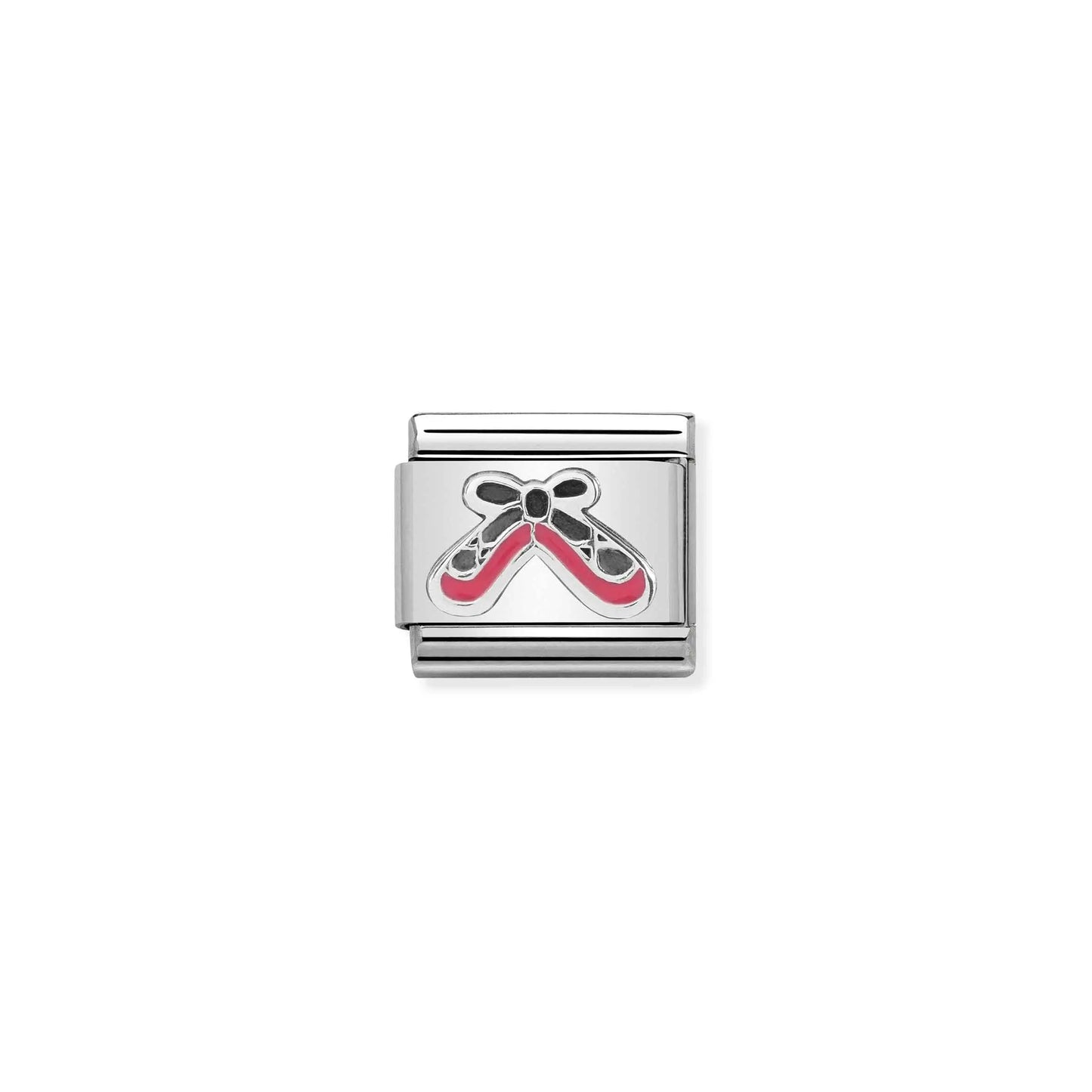 Nomination charm featuring silver ballet pumps with pink enamel and oxidised bow detail