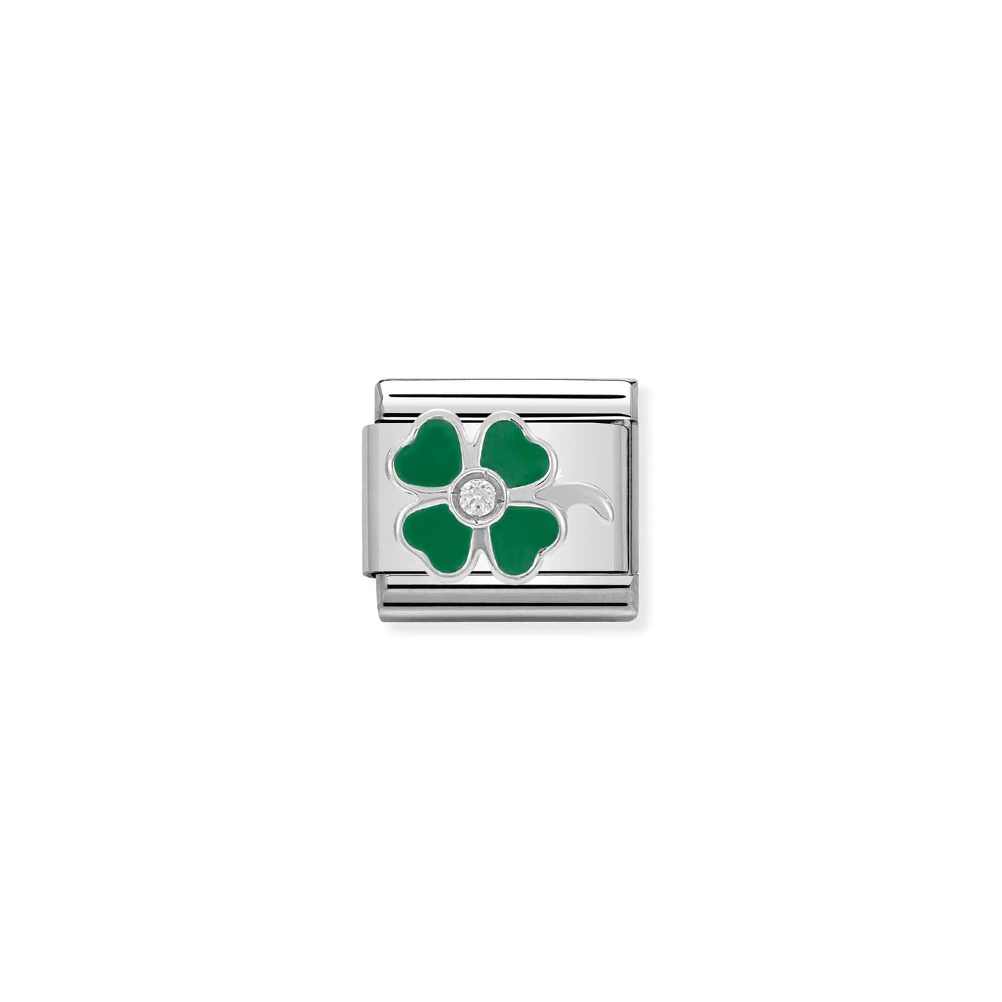 Nomination charm link featuring a silver clover in green enamel with a cubic zirconia stone in the centre