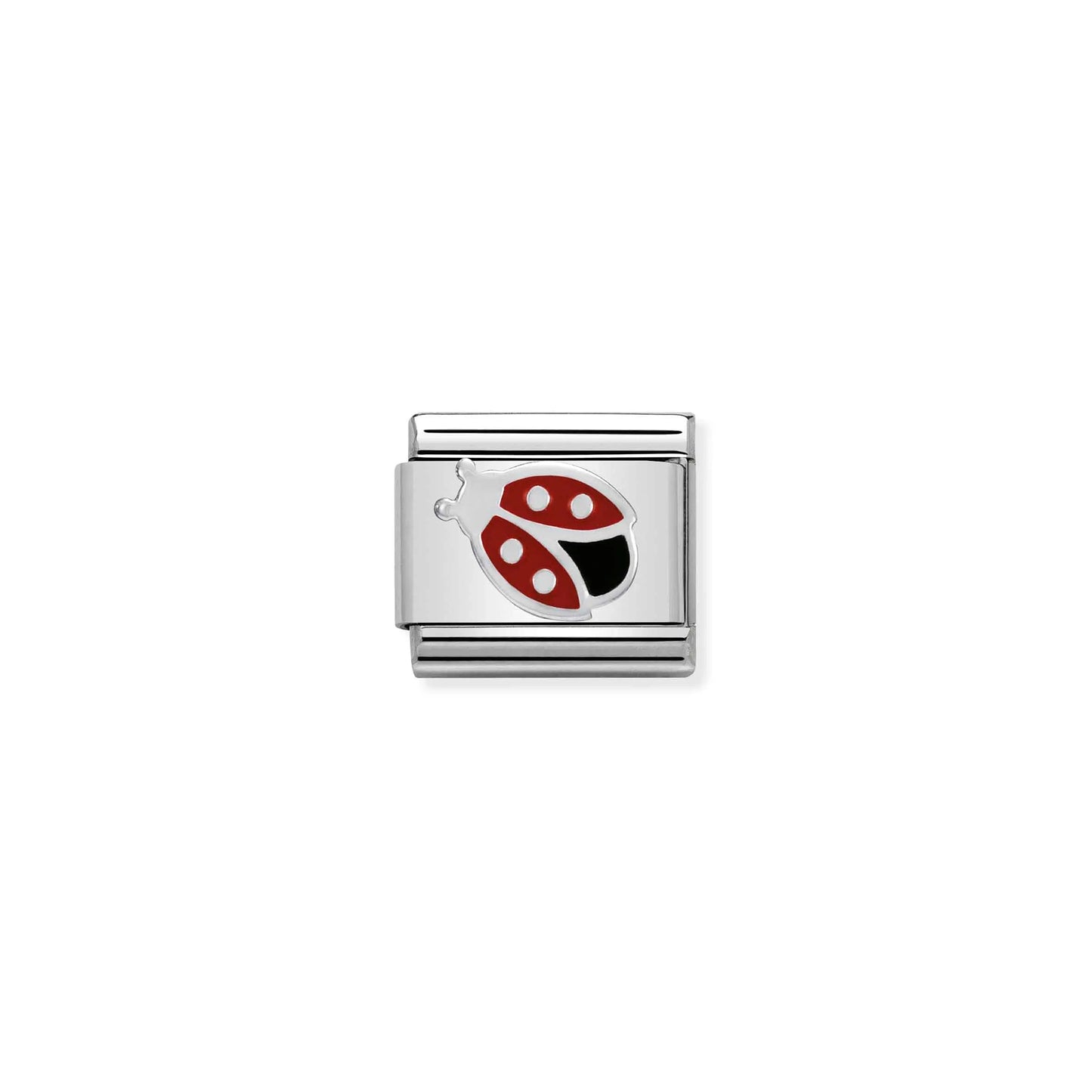 Nomination charm link featuring a silver ladybug with red and black enamel