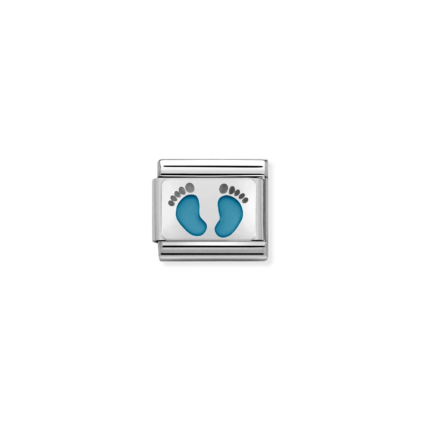 Nomination charm link featuring a pair of enamel blue footprints on a silver plaque