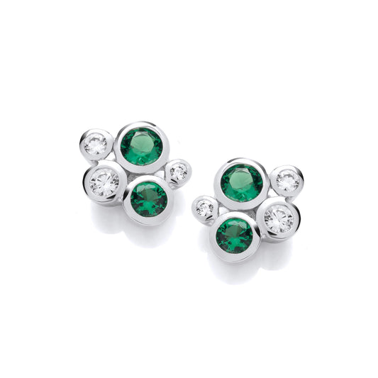 A pair of silver stud earrings featuring a cluster of round CZ stones in emerald green and white