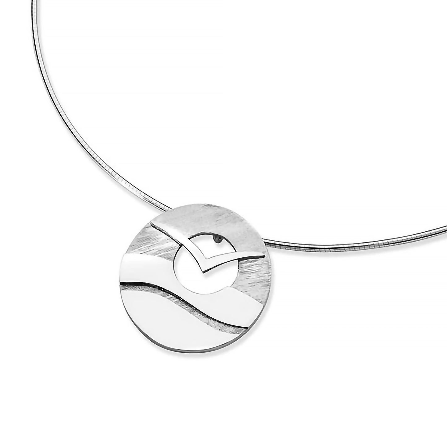 A silver wire necklet with pendant featuring a flying sea bird in front of a cutout sun over water
