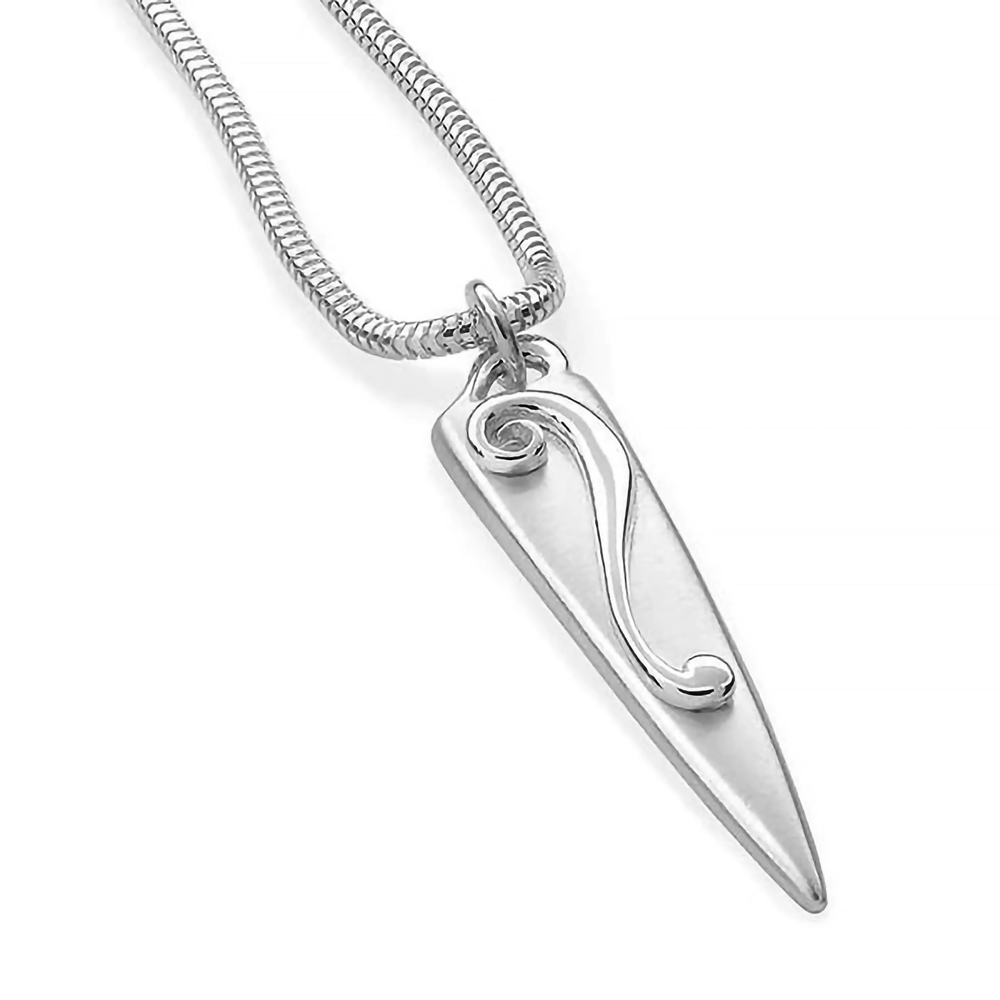 A long silver arrow shaped pendant in matt silver with a raised shiny swirl design