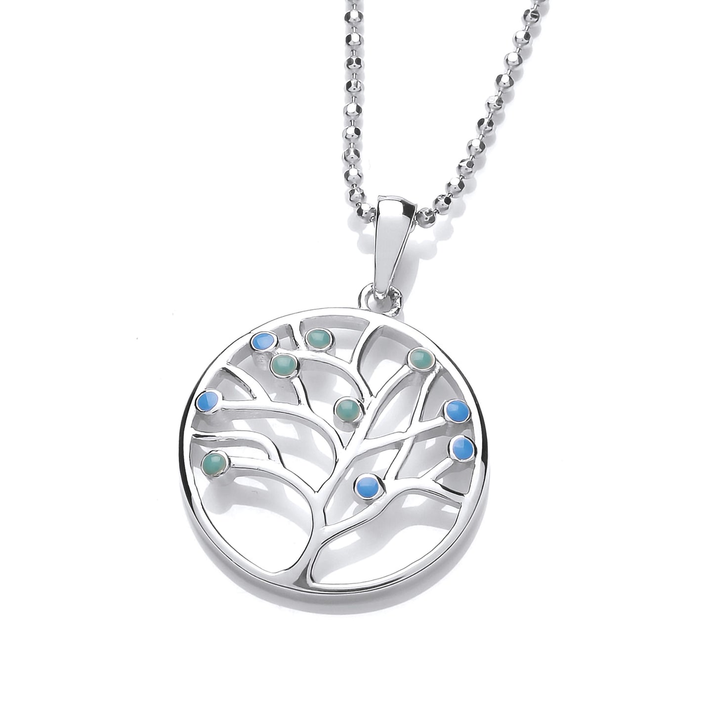 A simple round pendant with a tree of life and blue and green round opals for leaves