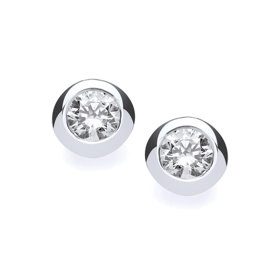 A pair of simple round stud earrings with thick silver frames and white CZ stone in the centre