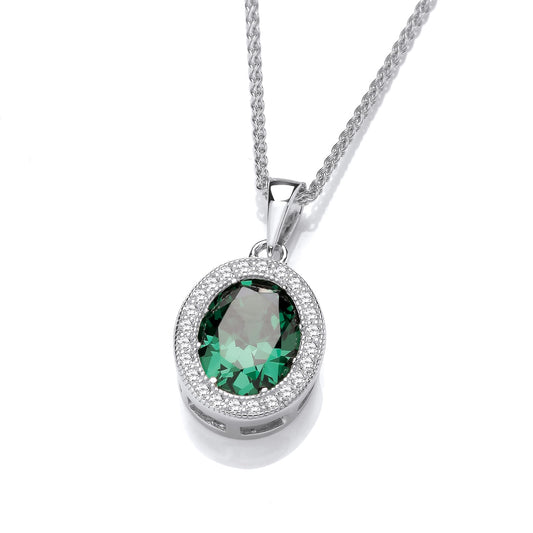 A silver pendant featuring a vintage inspired emerald green oval CZ in the centre