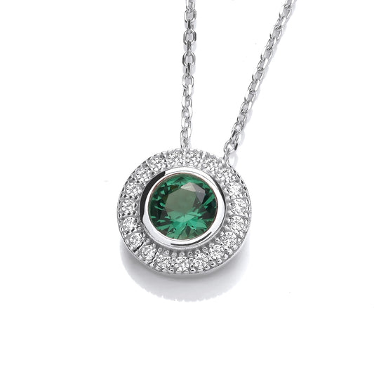 A round pendant with large faceted emerald CZ in the centre and white CZ surround