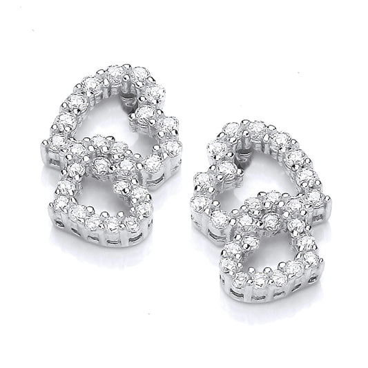 A pair of stud earrings featuring linked open hearts set with white cubic zirconia stones