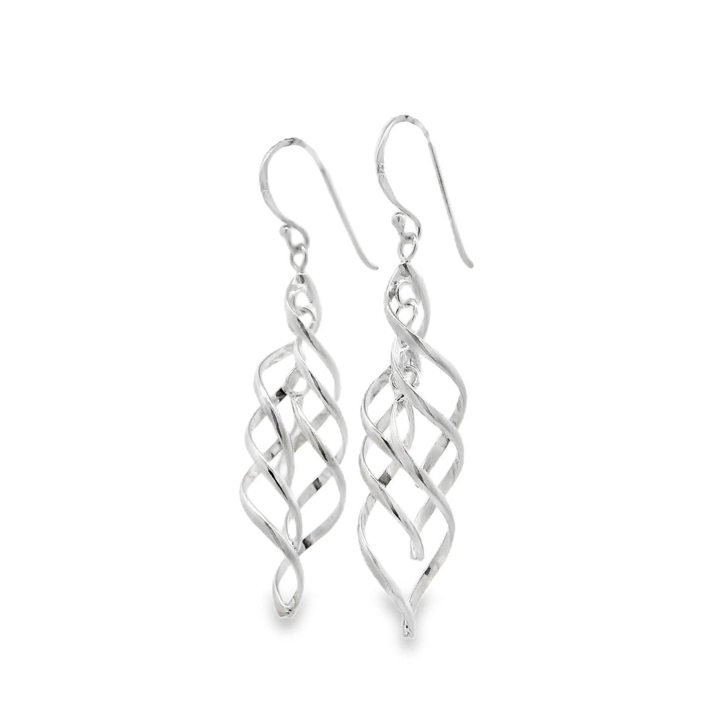 A pair of silver tiered twist drop earrings with hook fittings