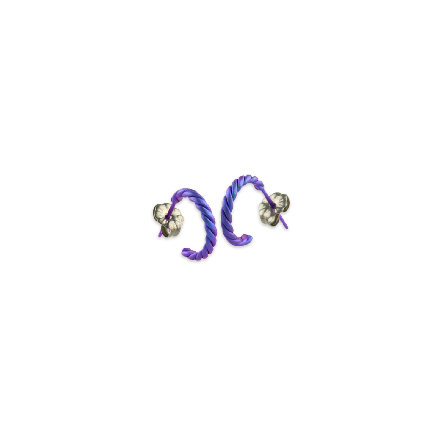 A pair of simple twist design titanium hoop earrings in a purple colour