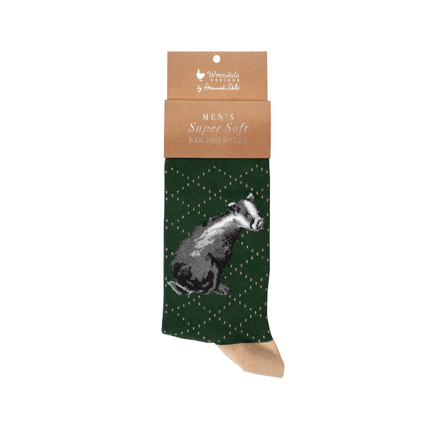 Green badger sock with oatmeal heel, toe and diamond patter