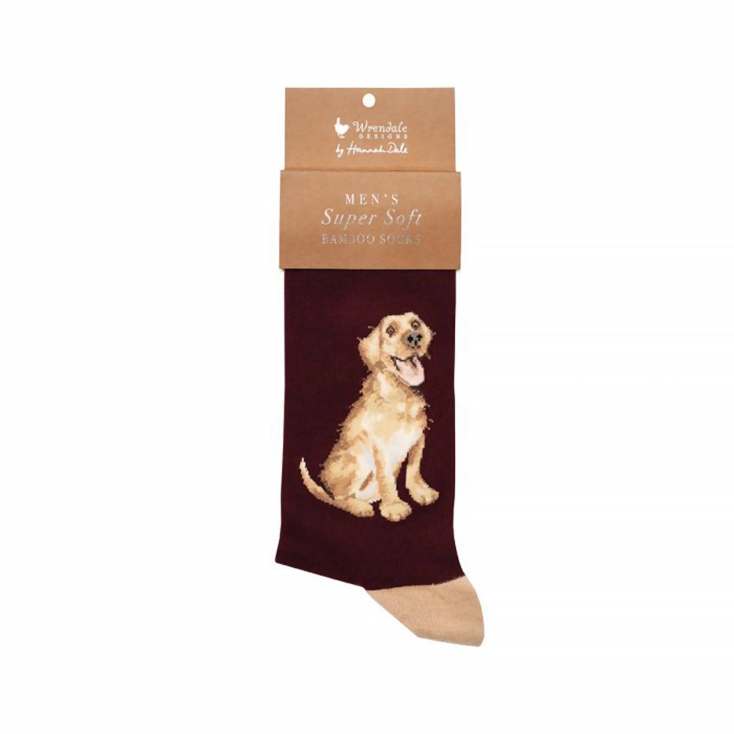 Red socks with golden labrador dog and oatmeal heel and toe