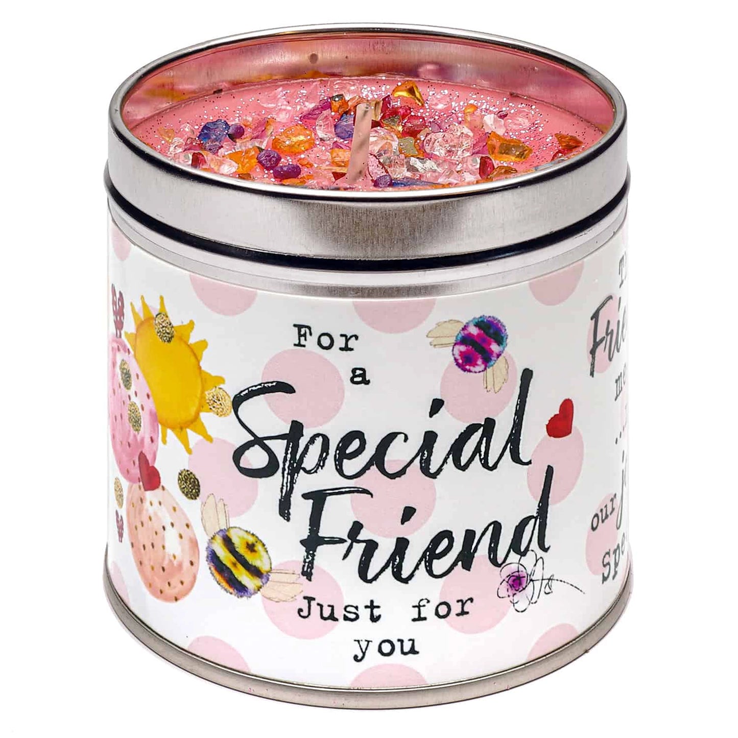 Tinned 'Special Friend' candle with colourful detailed wax topping