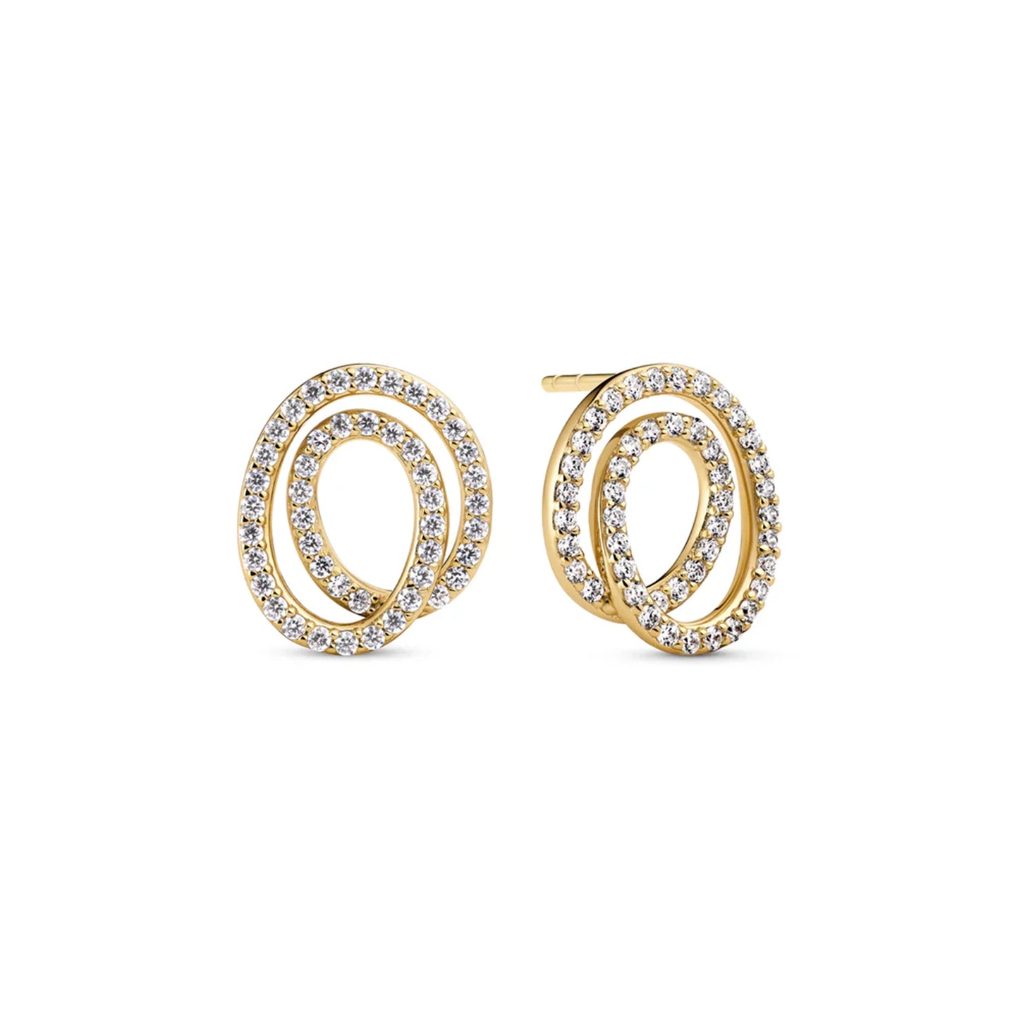 Double spiral shaped gold oval stud earrings set with CZ stones