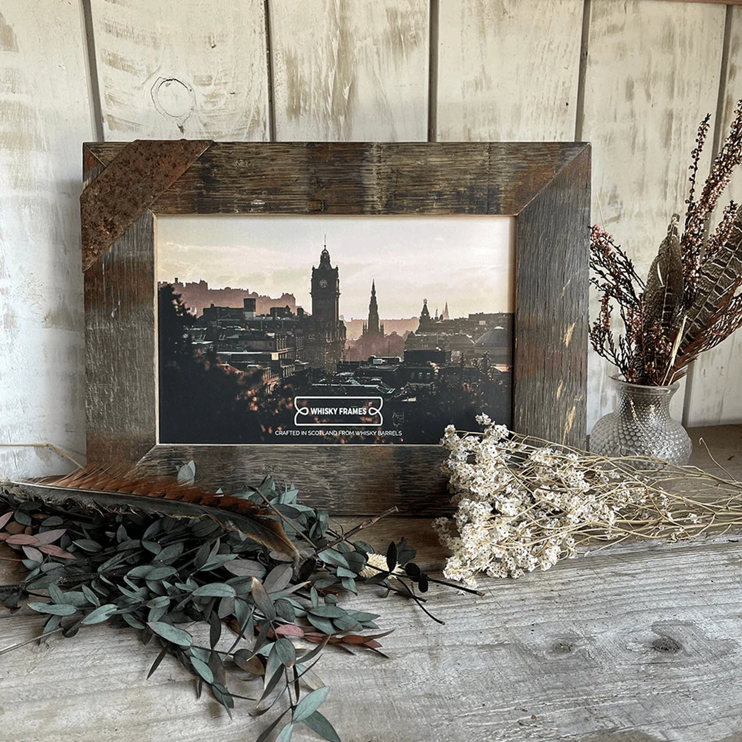 A frame made with whisky barrel wood and Harris Tweed horizontal lifestyle