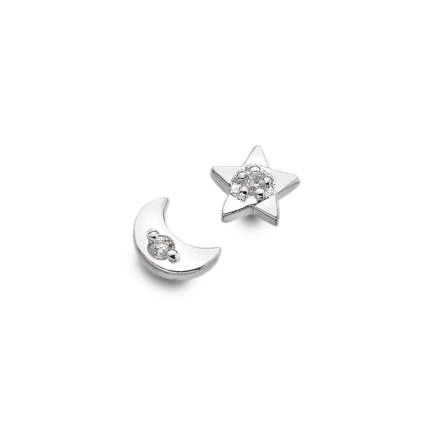 A pair of silver earrings, one shaped like a moon and the other like star, both finished with a cubic zirconia stone