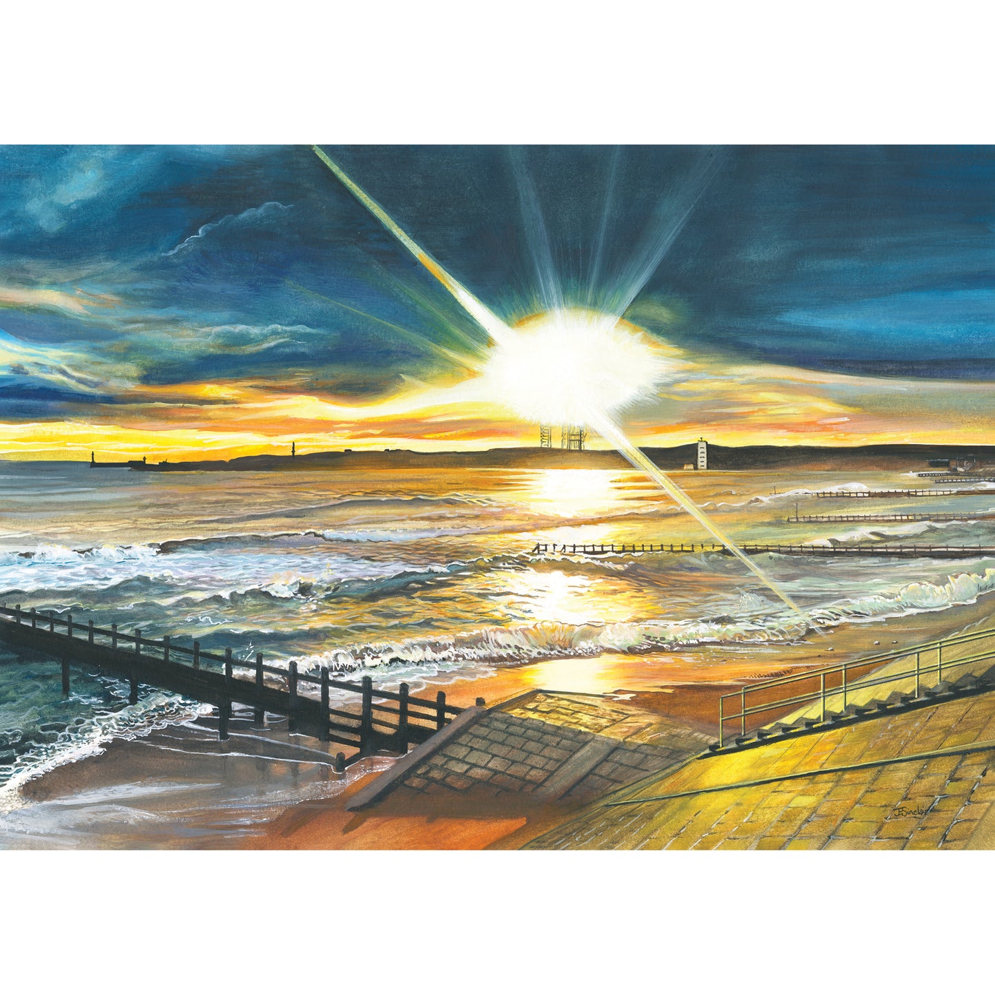 A painting of a sunrise on the beach in Aberdeen, Scotland